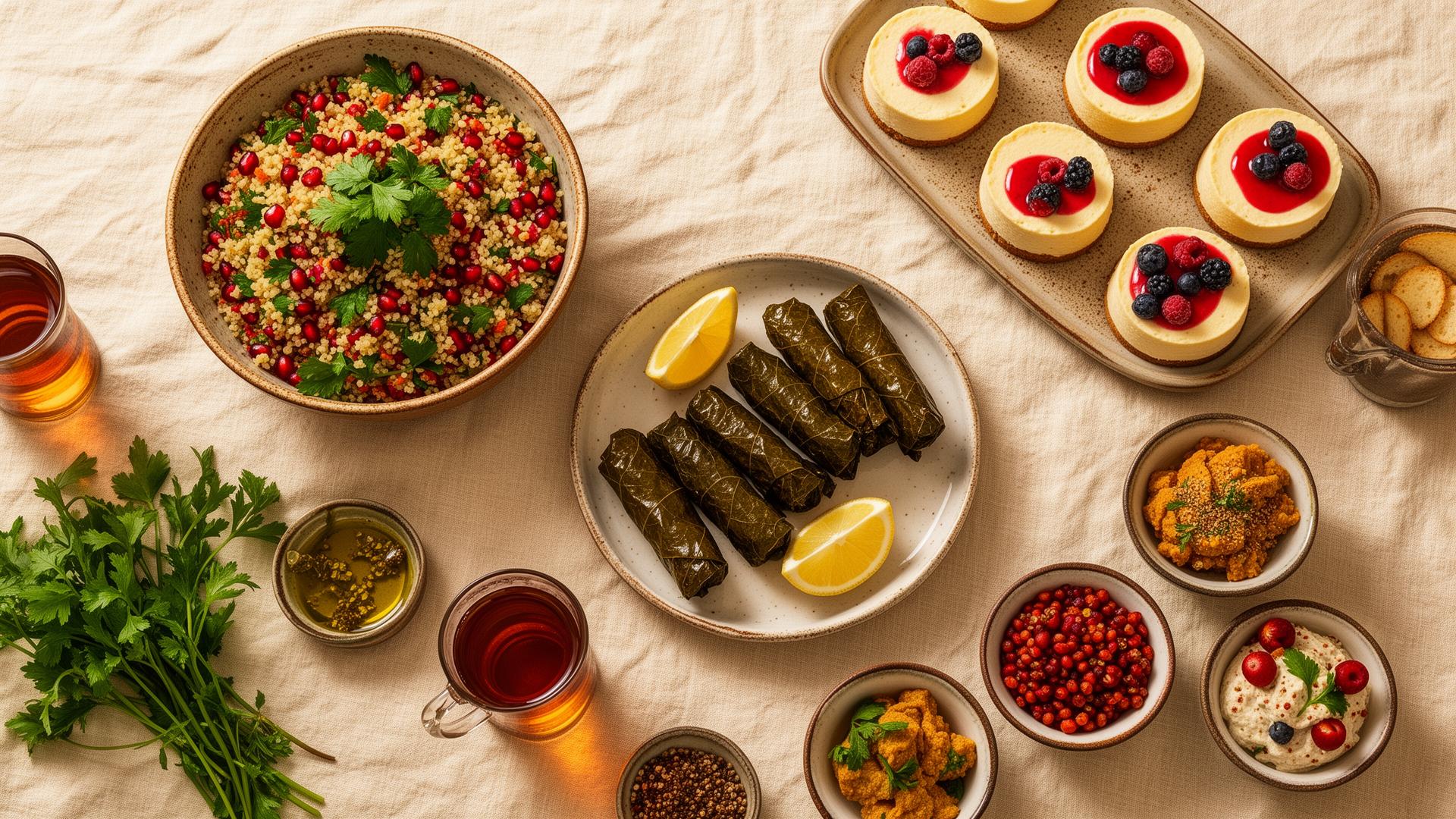 Ümran Hanım'ın hazırladığı kısır, sarma ve mini cheesecake sofrası